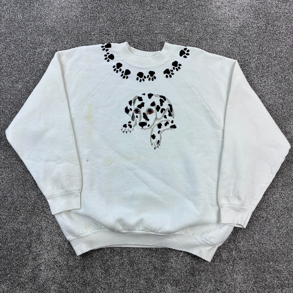 Vintage Dalmatian Dog Sweatshirt Mens XL White Raglan Crewneck Puppy Breed Pet - Picture 1 of 5
